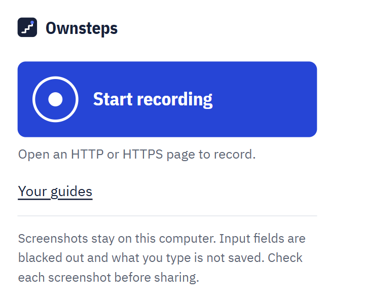 The Ownsteps popup with a large Start recording button