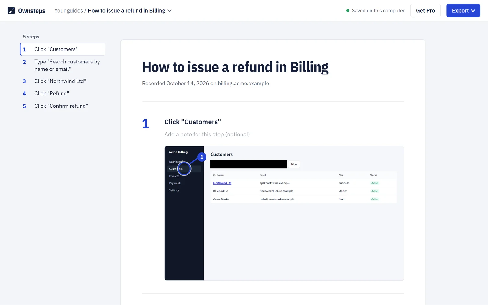 The Ownsteps editor: five recorded steps on the left, and the first step, Click "Customers", with its screenshot on the right
